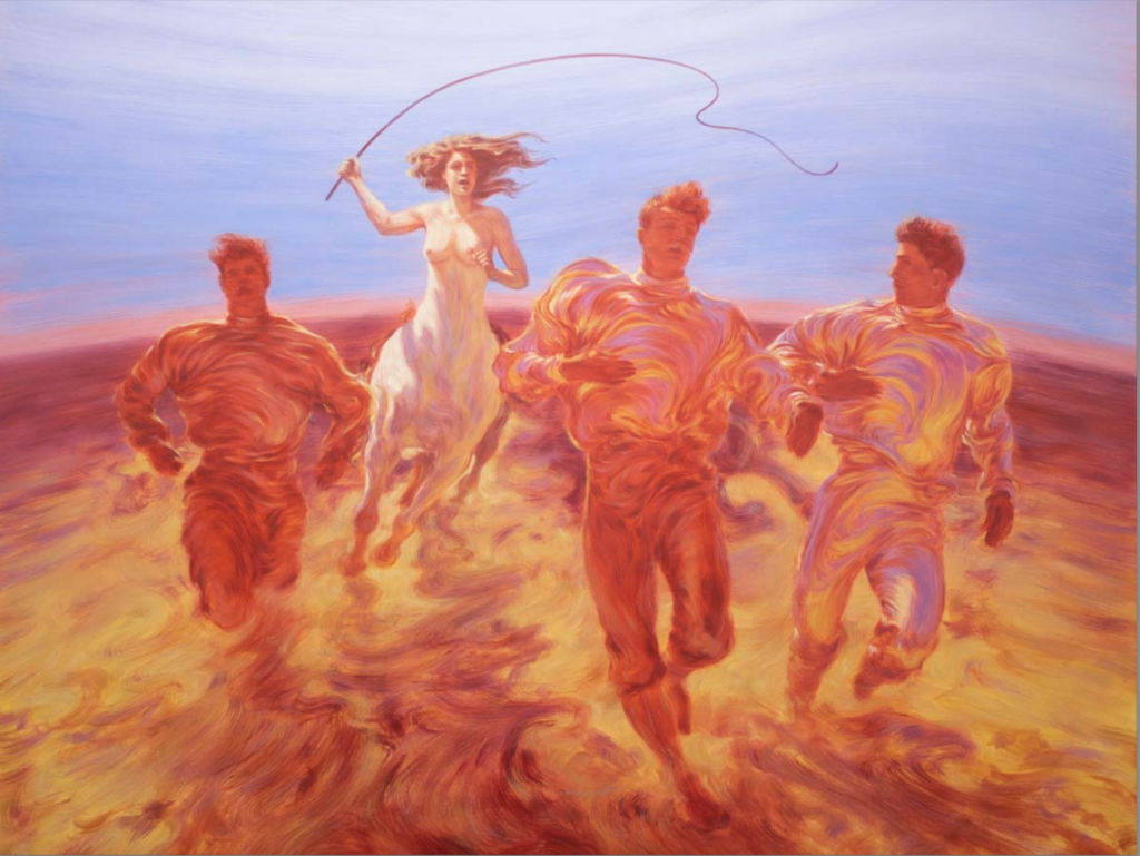 A centaur woman cbhsasing three men on a thunderous path 